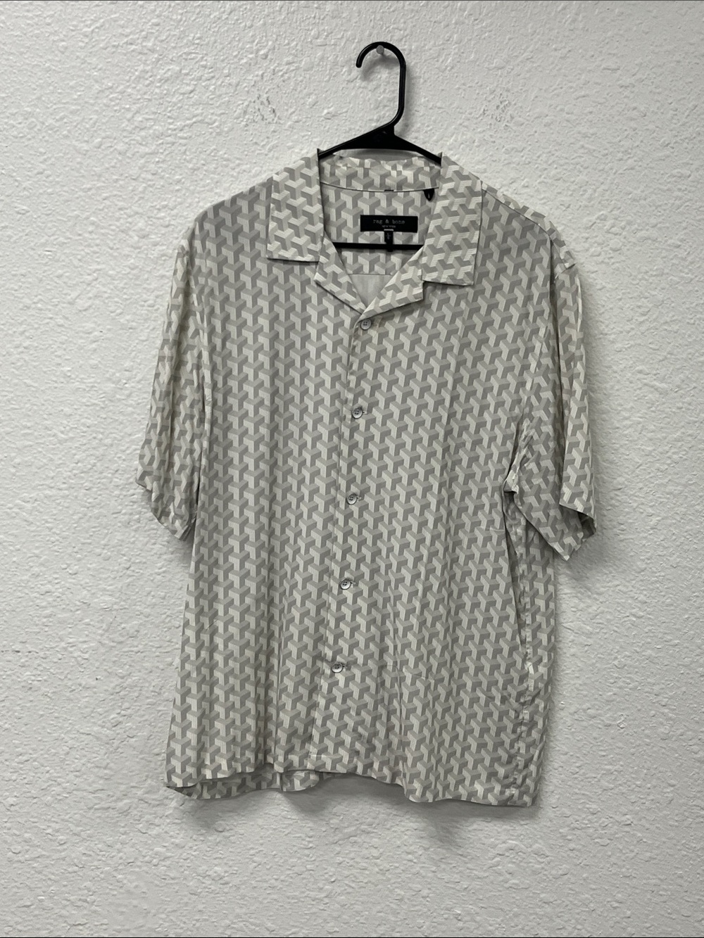 Rag&BoneMen’s Short-Sleeve Button-Down Shirt White & Light Gray Geometric #1217